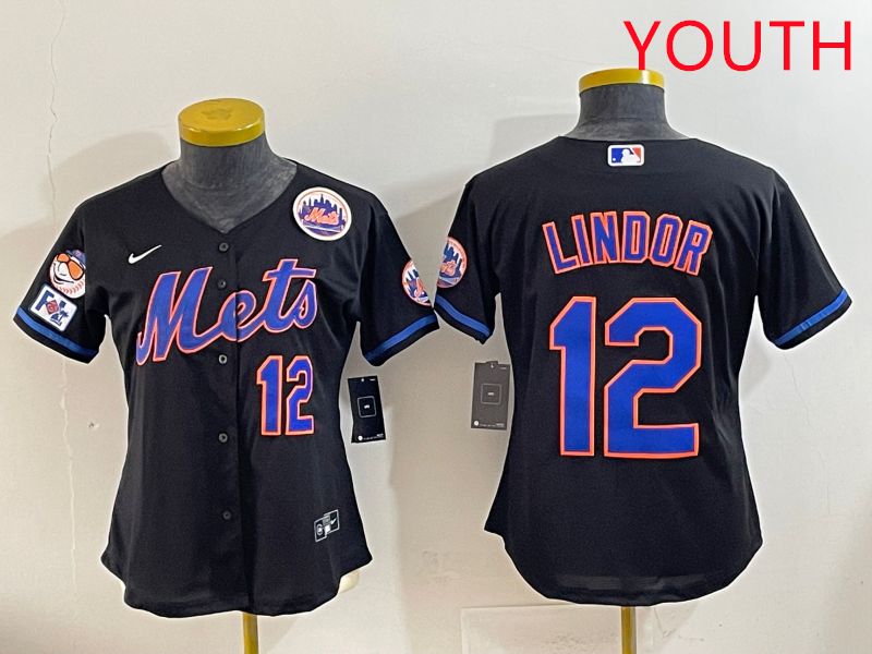 Youth 2025 New York Mets #12 Lindor Black Game Nike MLB Jersey style 4